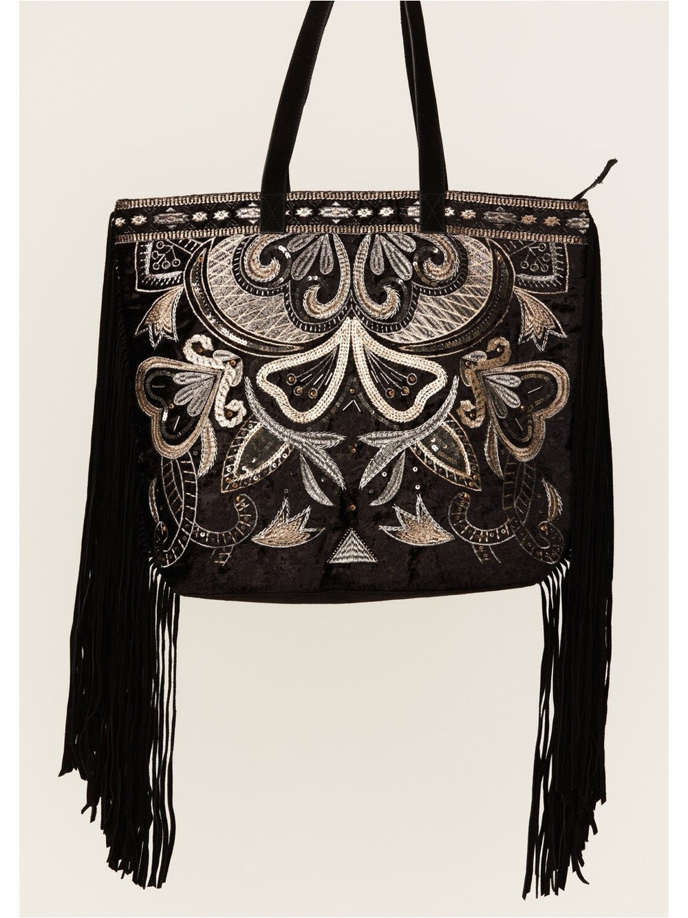 Black Embroidered Fringe Tote Bag